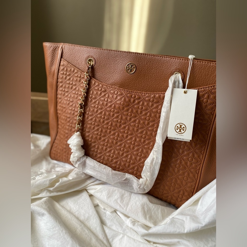 Tory Burch Quilted Leather Tote in Saddle